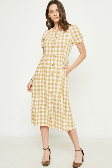 HY2724 Mustard Womens Plaid Button Up Bow Back Dress Full Body